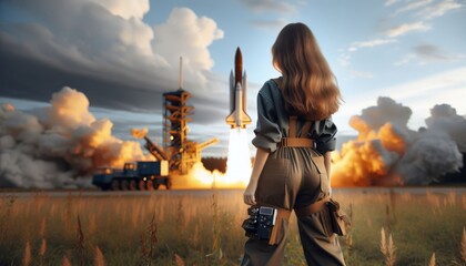 girl in casual clothes on a rocket taking off above with WITH gas jet stream, clouds of fire, smoke at a training ground in the distance. - obrazy, fototapety, plakaty