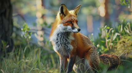 Fototapeta premium Discover the captivating Red Fox, known for its striking coat and cunning nature. Its presence enhances any ecosystem, making it a fascinating creature to observe.