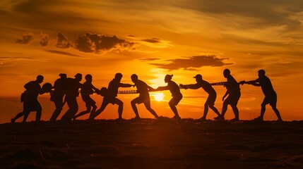 Silhouetted Group of People Holding Hands Against Sunset. Teamwork and Unity Concept. A Warm Toned Inspirational Image For Various Uses. AI