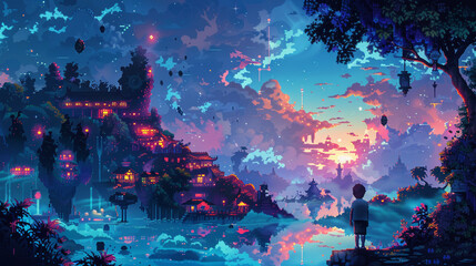 Pixelated retro game characters converging into a surreal digital landscape, a nod to nostalgia. 