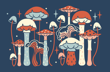 Horizontal illustration of mystery mushrooms on dark background. Flat style vector graphic. Midnight hand drawn print. Hippie trippy shrooms