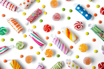 A colorful variety of sweets, including lollipops and gummy bears, isolated from the white background