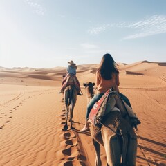 Happy tourists riding a camel in the desert, traveling to the sultry desert