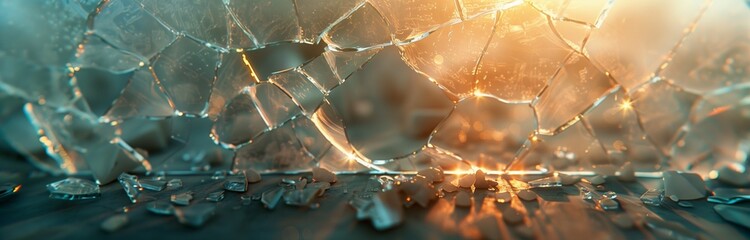close up of a broken tempered glass in small pieces - obrazy, fototapety, plakaty