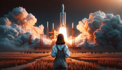 girl in casual clothes on a rocket taking off above with WITH gas jet stream, clouds of fire, smoke at a training ground in the distance. Cosmonautics day, - obrazy, fototapety, plakaty
