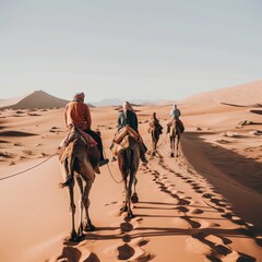 A caravan of camels with riders crosses the sultry desert, transporting goods on camels along a sand dune, nomadic life