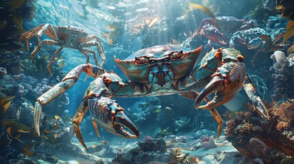 Crabs, one of the fascinating creatures of the sea, are expertly illustrated here, showcasing the wonders of marine life. - obrazy, fototapety, plakaty