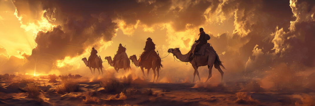 A caravan of camels with riders crosses the sultry desert, transporting goods on camels along a sand dune, nomadic life, banner