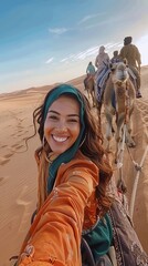 Happy tourists riding a camel in the desert, traveling to the sultry desert