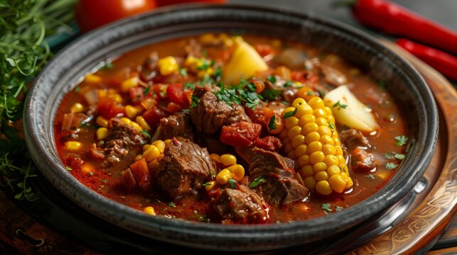 Chili dish. Casuela, beef soup with coarsely chopped vegetables and potatoes with the addition of a corn cob. 