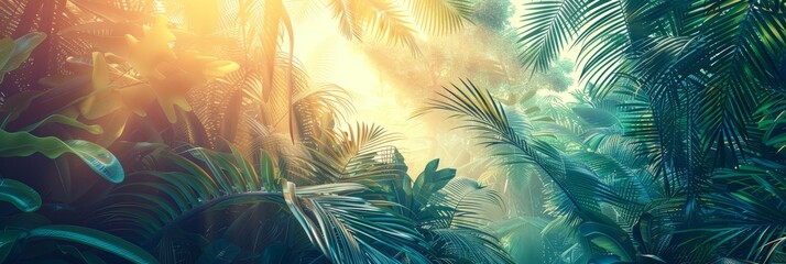 Illustration of a wild tropical jungle in muted green colors, , bright sun rays penetrating through palm trees and plants, banner