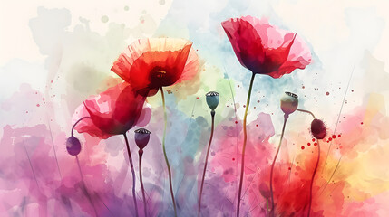 Colorful red pink yellow poppies, bright nature flowers, oil paints