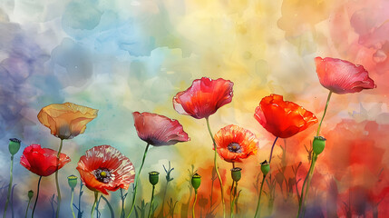 Obraz premium Colorful red pink yellow poppies, bright nature flowers, oil paints
