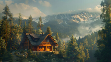 Mountain cabin nestled among pine trees - obrazy, fototapety, plakaty