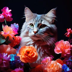 Funny cat with flowers. Cute pet illustration.