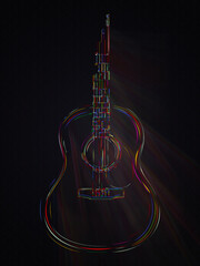 Classic acoustic guitar over a black canvas template. Stylized poster with room for text. Musical event, club ,  festival, folk gig background - 776247769