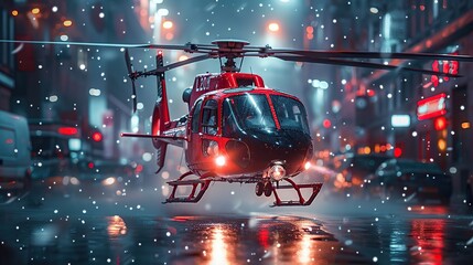 helicopter flying in urban areas at night, helicopter flying over night city