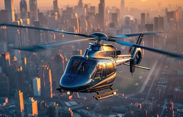 Fotobehang helicopter flying over the city, helicopter flying with an urban background © Beny