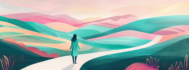 flat illustration of a woman walking on a path in pastel pink and teal colors, with a background of rolling hills. AI generated illustration - obrazy, fototapety, plakaty