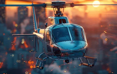 Foto op Plexiglas helicopter flying over the city, helicopter flying with an urban background © Beny