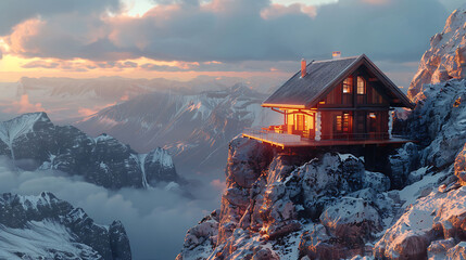 Mountain cabin perched on the edge of a cliff