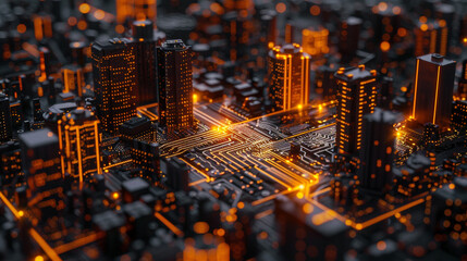 Techno-inspired circuit board pathways merging into an abstract cityscape, blending the organic and synthetic. 