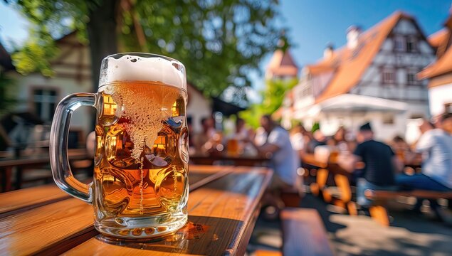 Beer in glass on wooden table with blurred group of people sitting at tables behind on background. AI generated illustration