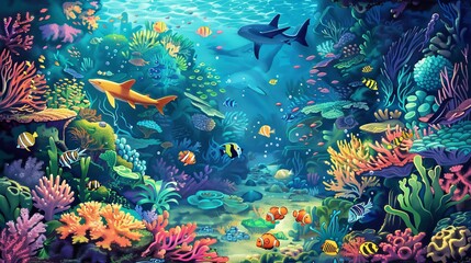Obraz na płótnie Canvas Discover the vibrant underwater world! Witness playful marine creatures, colorful coral reefs, and diverse ocean habitats in this enchanting illustration.