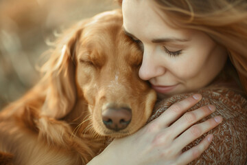 A woman hugging her golden retriever with affection.
