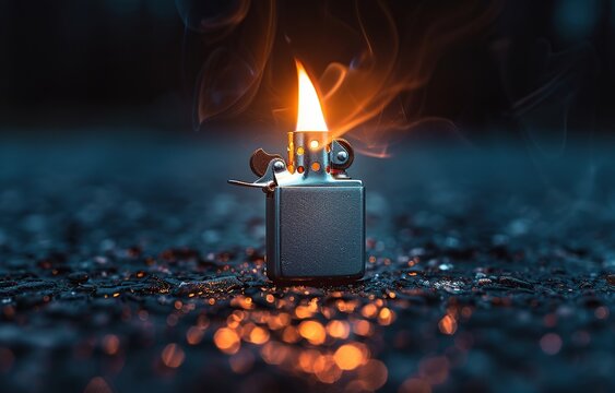 a lighter with a burning flame on a dark background, for smokers' style