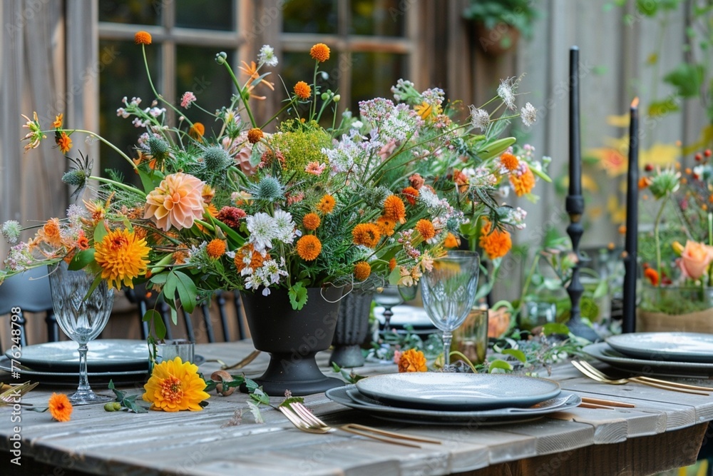 Wall mural autumn outdoor dinner table setting with flowers, fall harvest season, rustic, fete party, outside d - Wall murals