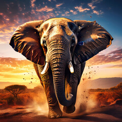 Art painting of elephant. Abstract majestic animal on colorful background.