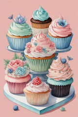 Sweet cupcakes with berry and whipped cream for sweet design in watercolor style.
