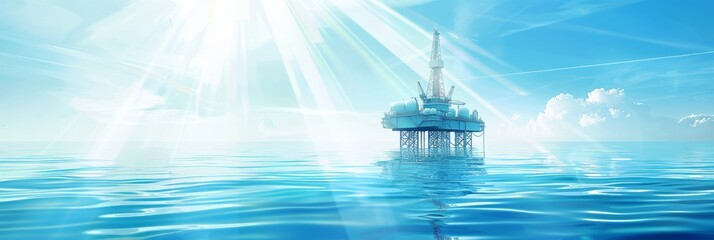 Offshore platform illustration, oil and gas production in ocean or sea, gas and oil production industry, offshore drilling rig, banner