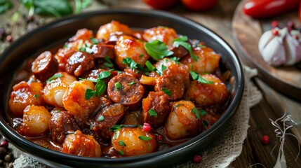 A dish with chili. Gnocchi are balls of dough in tomato sauce with sausages and onions.