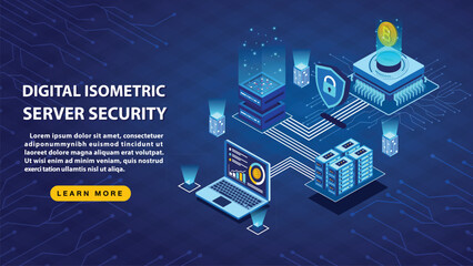 Digital isometric server security and digital Crypto Mining technology on blue background, Crypto currency mining concept dollar coin, Blockchain Farm composition.