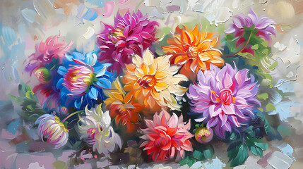 Colorful red pink white Dahlias, bright nature flowers, oil paints
