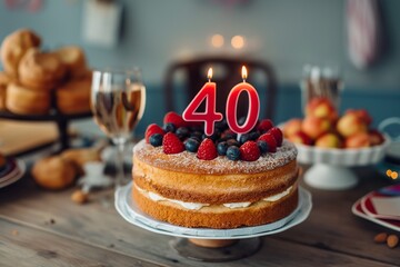 40. Geburtstag, 40. Jubiläum, Geburtstagskuchen mit einer "40" aus Kerzen, festlicher Hintergrund