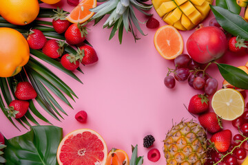 A colorful fruit salad with oranges, strawberries, and raspberries. The image has a vibrant and cheerful mood, with the bright colors of the fruits creating a sense of freshness and health