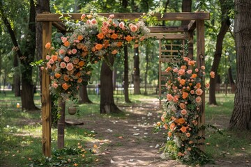 Beautiful romantic festive place made with wooden square and floral roses decorations for outside...