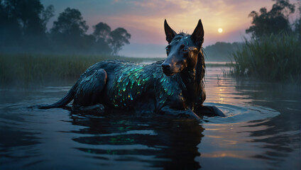 A vividly shimmering kelpie, its translucent mane flowing with ethereal energy, its eyes glowing with ancient wisdom amidst the misty marsh. - obrazy, fototapety, plakaty