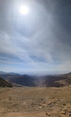 Panorama landscape view of  Wadi Dana a large natural canyon,  Wadi Araba. Dana Biosphere Reserve Dana village near the city of Tafilah,Feynan area in central-western Jordan.Dana valley ecotourism