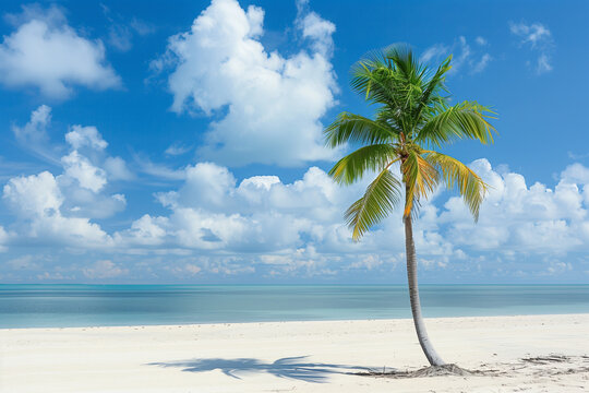 A palm tree stands alone on a beach with a cloudy sky in the background. The scene is serene and peaceful, with the palm tree providing a sense of calm and tranquility