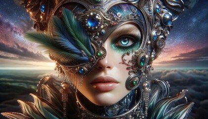 Woman Portrait in Lace Jewelry Mask. Mesmerizing Myth Fairy Face. AI Generated. Hypnotized Beauty Young Person. Space Celestial Warrior Avatar. Artificial Art Background. Glamour Luxury Rich Style