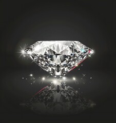 A realistic vector illustration of sparkling diamonds in the front view on a grey background with light reflections and shadows