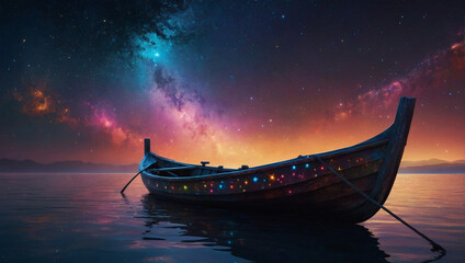 A vividly shimmering starry skiff drifts through an endless cosmic expanse, its sleek silhouette adorned with constellations that seem to dance with light. - obrazy, fototapety, plakaty