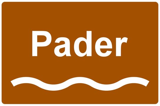Illustration eines Flussnamenschildes des Flusses "Pader"	
