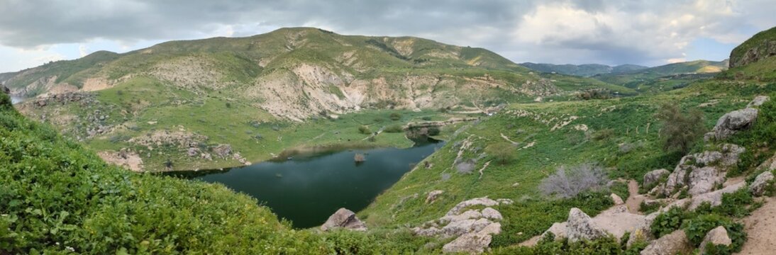 Wadi Zahar  is a wadi located in Irbid region, Jordan. Walking the Jordan trail from Umm Qais,mountain panorama landscape view