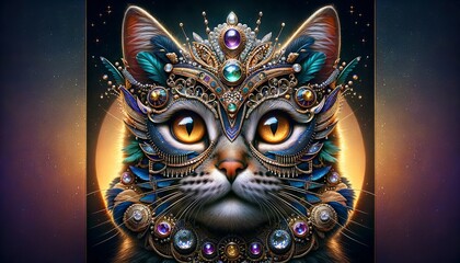 Enchanted Feline Warrior with Jeweled Accents Hemet. Mystical Cat Portrait in Digital Art. Vibrant Symmetry of Fantasy and Elegance. 