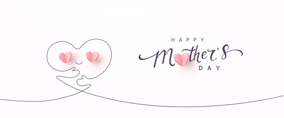 Mother's day postcard. Hug mum heart continuous one line contour with paper flying elements on white background. Vector symbols of love for mom greeting card design